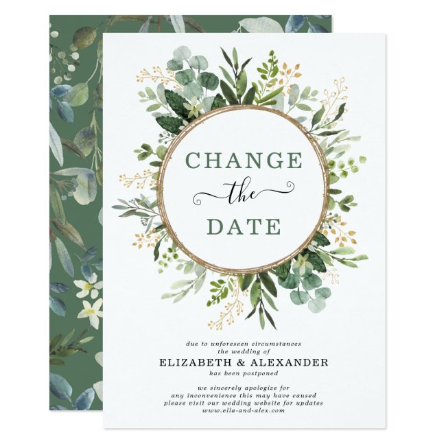 Minimalist Botanical Greenery Gold Change the Date Invitation