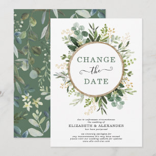 Minimalist Botanical Greenery Gold Change the Date Invitation