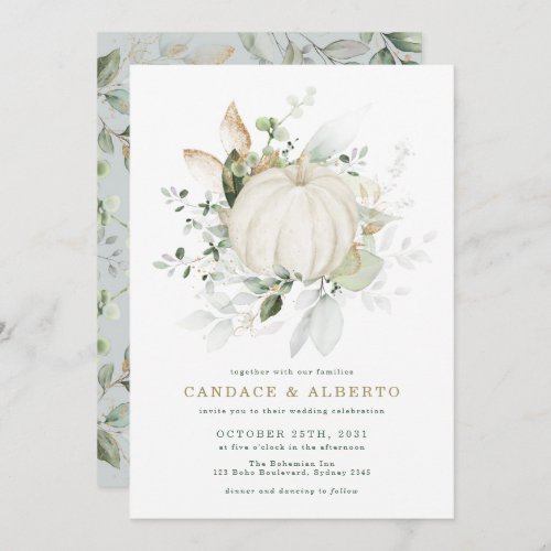 Minimalist Botanical Greenery Gold Pumpkin Wedding Invitation