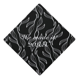 Minimalist Botanical Leaves Black White Graduation Cap Topper
