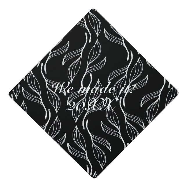 Minimalist Botanical Leaves Black White Graduation Cap Topper (Front)