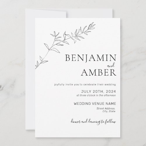 Minimalist Botanical Line Art Drawing Boho Wedding Invitation