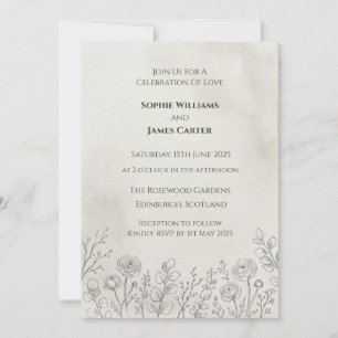 Minimalist Botanical Line Art Floral Wedding Invitation