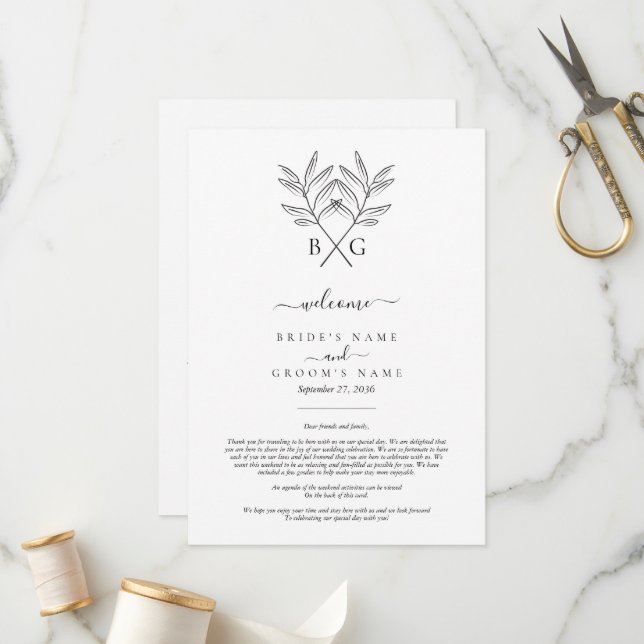 Minimalist Botanical Monogram Wedding Itinerary  Program (Front/Back In Situ)