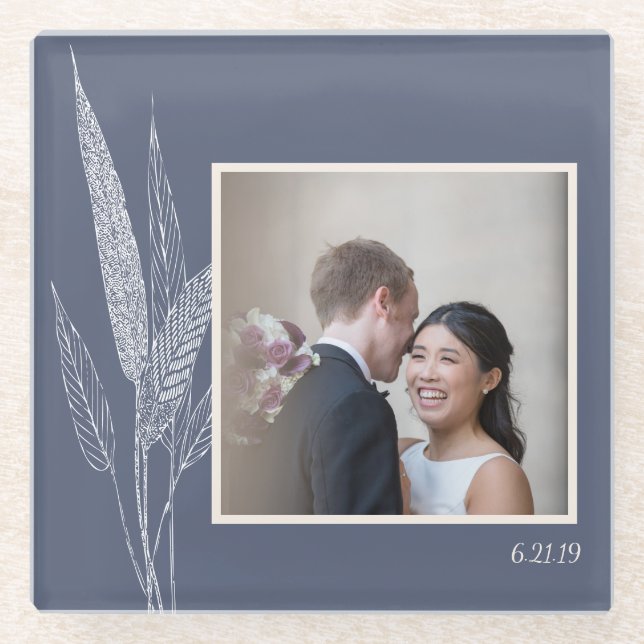 Minimalist Botanical Navy Blue Personalized Photo Glass Coaster (Front)