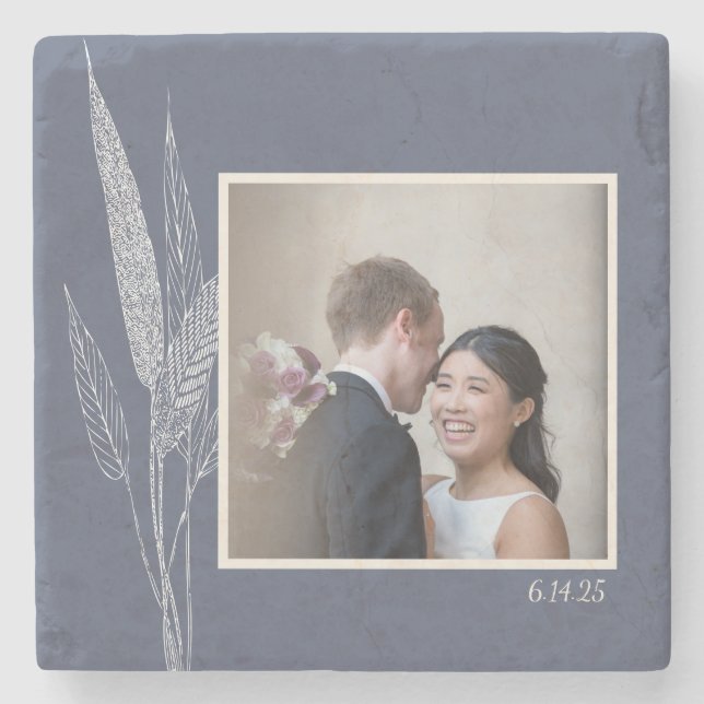 Minimalist Botanical Navy Blue Personalized Photo  Stone Coaster (Front)
