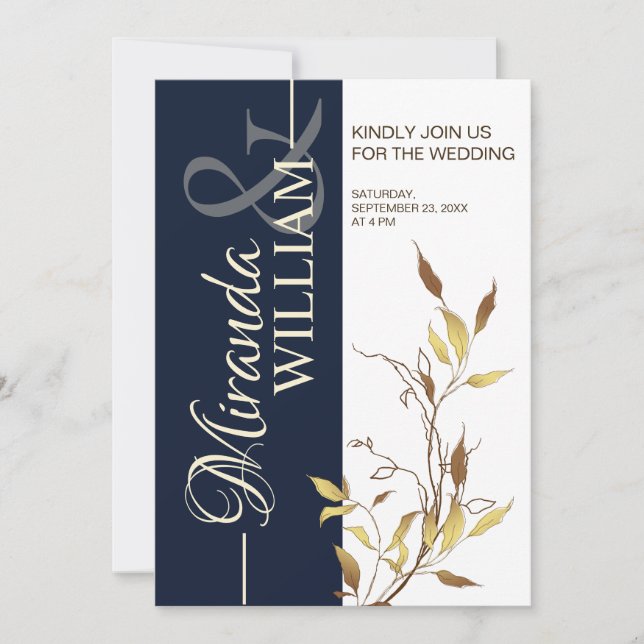 Minimalist Botanical Navy Blue Wedding Invitation (Front)