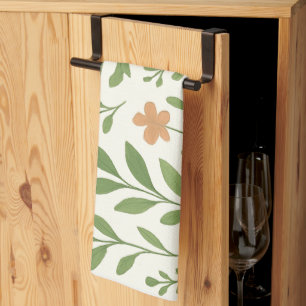 Minimalist Botanical Pattern with Green Leaves Kitchen Towel