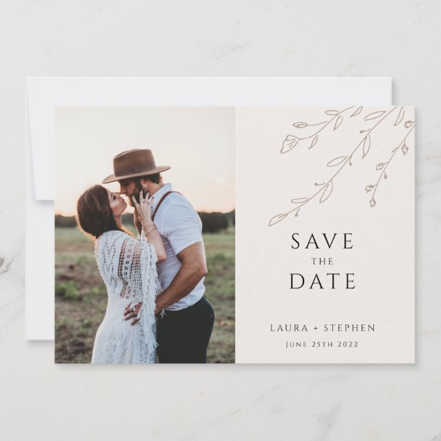 Minimalist Botanical Photo Save The Date Card (Front)