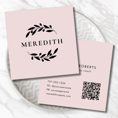 Minimalist Botanical QR Code Blush Pink Square Business Card