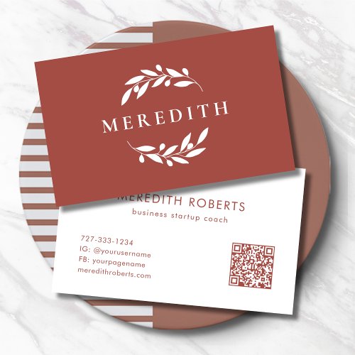 Minimalist Botanical QR Code Terracotta Business Card