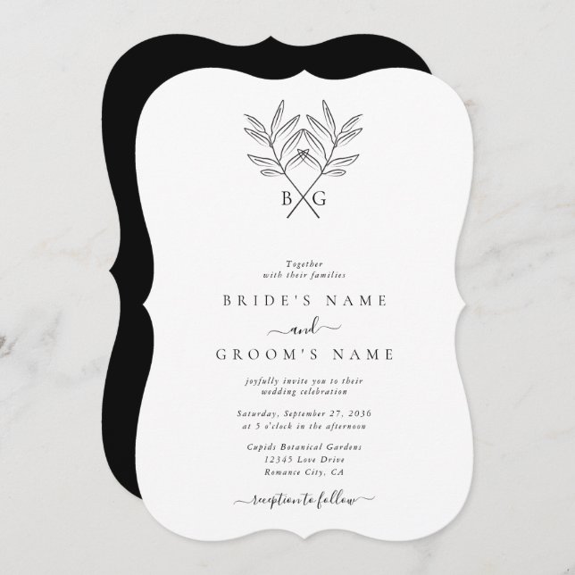 Minimalist Botanical Rustic Monogram Wedding Invitation (Front/Back)