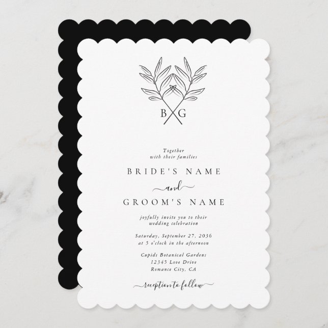 Minimalist Botanical Rustic Monogram Wedding Invitation (Front/Back)