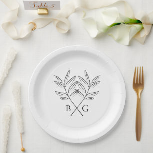 Minimalist Botanical Rustic Monogram Wedding Paper Plates