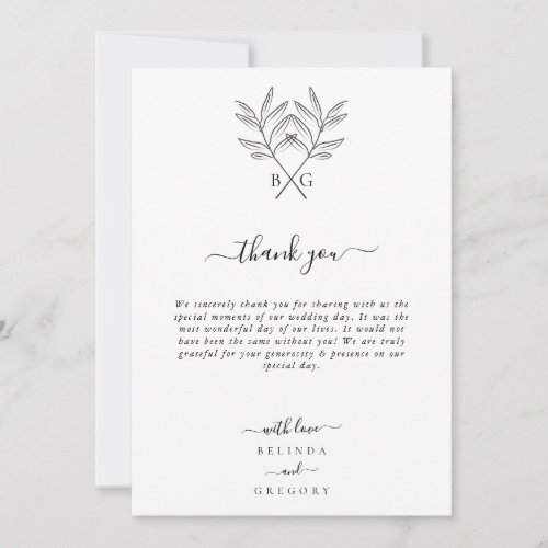 Minimalist Botanical Rustic Monogram Wedding Thank You Card