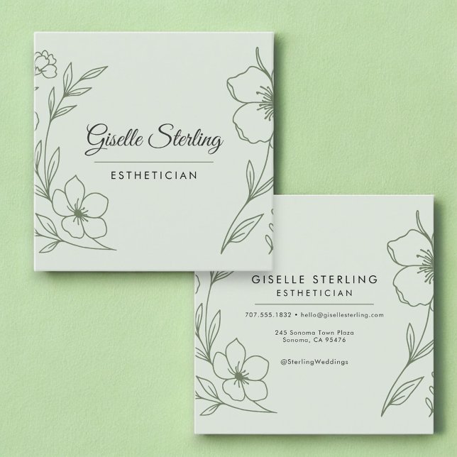 Minimalist Botanical Sage Green Esthetician Square Business Card (Creator Uploaded)