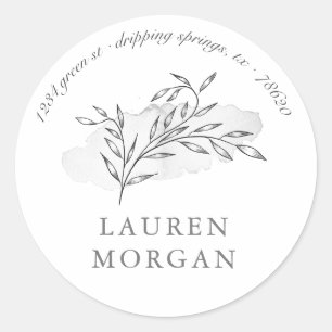 minimalist botanical silver return address classic round sticker