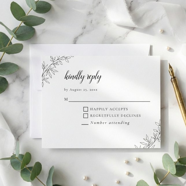 Minimalist Botanical Wedding Elegant Black White  RSVP Card (Creator Uploaded)