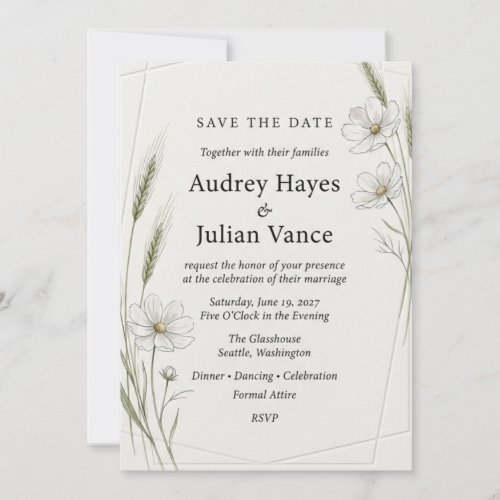 Minimalist Botanical Wheat and Cosmos Watercolor  Invitation
