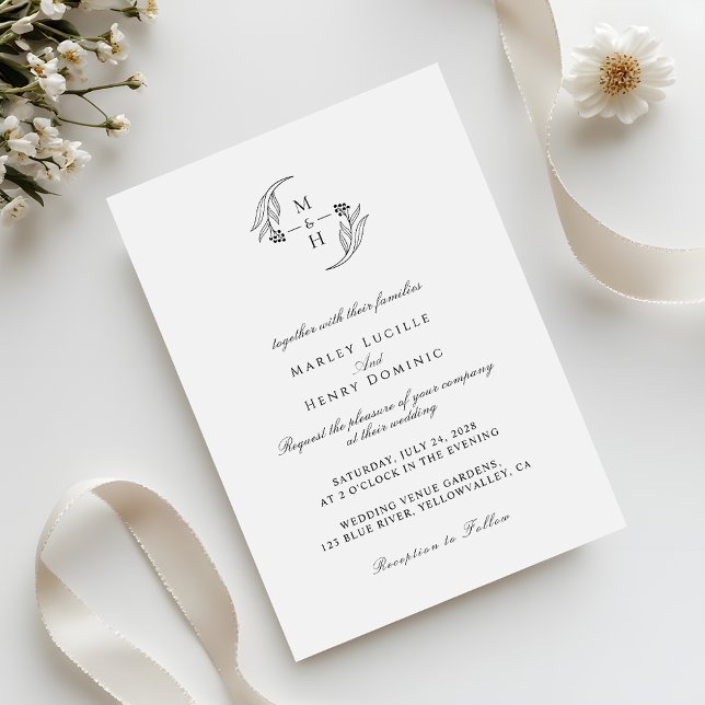Minimalist botanical Wreath Monogram Wedding Invitation (Creator Uploaded)