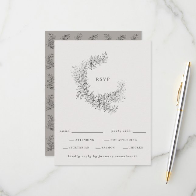 Minimalist Botanical Wreath Wedding RSVP Card (Front/Back In Situ)