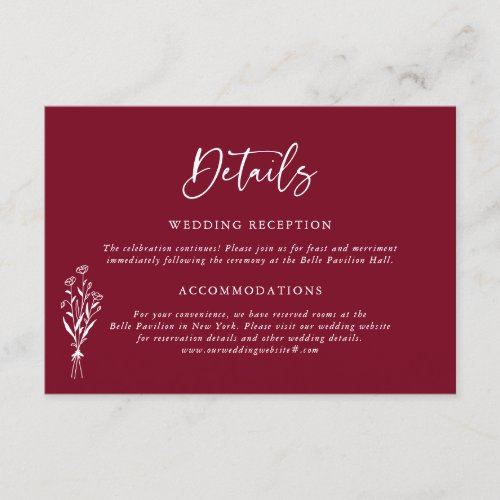 Minimalist Botanicals Burgundy Wedding Details Enclosure Card