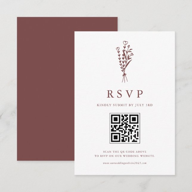 Minimalist Botanicals Mauve Wedding QR Code RSVP Card (Front/Back)