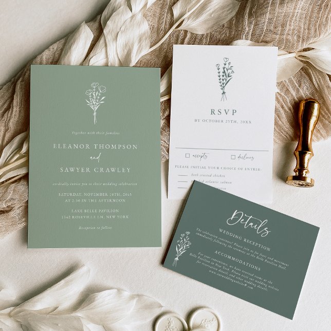 Minimalist Botanicals Sage Green Wedding Invitation (Creator Uploaded)