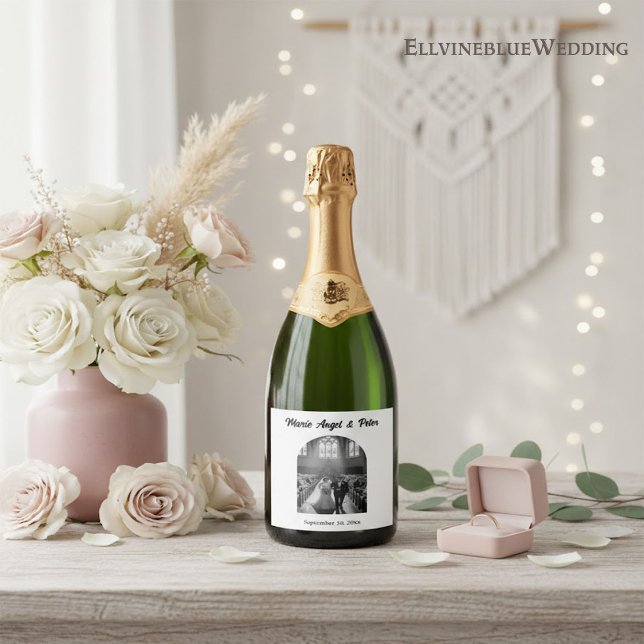Minimalist Boutique Arch Photo Wedding Champagne  Sparkling Wine Label (Creator Uploaded)