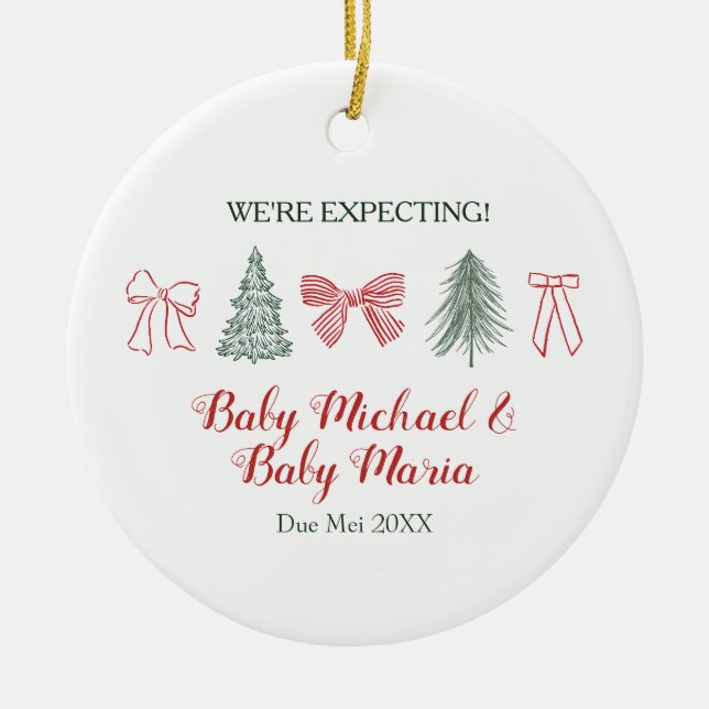 Minimalist Bow and Tree We're Expecting Parents  Ceramic Ornament (Front)