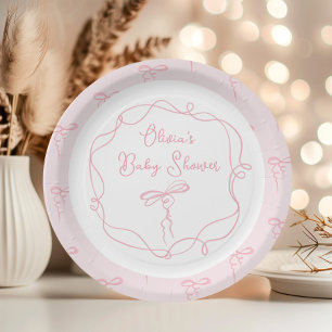 Minimalist bow pink modern wavy frame baby shower paper plates