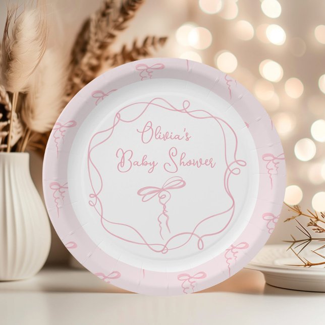 Minimalist bow pink modern wavy frame baby shower paper plates (Creator Uploaded)