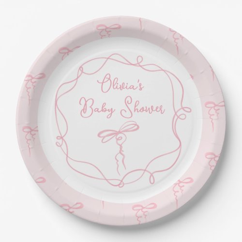 Minimalist bow pink modern wavy frame baby shower paper plates