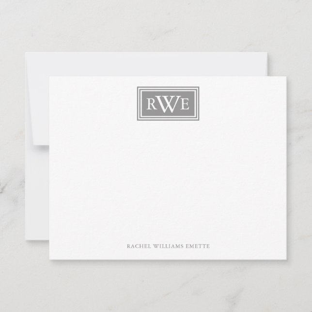Minimalist Box Border Initial Gray Silver Monogram Note Card (Front)