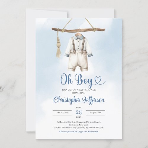 Minimalist Boy Blue and White Clothes Baby Shower Invitation