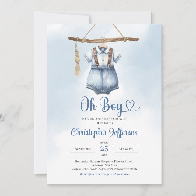 Minimalist Boy Blue Denim Clothes Baby Shower Invitation (Front)