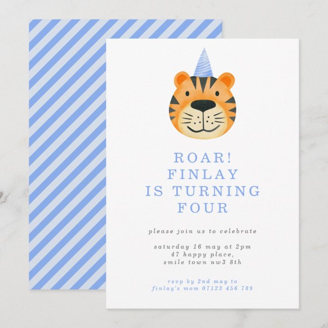 Minimalist Boy's 4th Birthday Tiger Party Invitati Invitation (Front/Back)