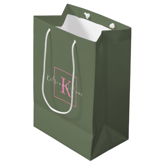 Minimalist Branding Logo Sage Green Pink Monogram Medium Gift Bag (Front Angled)
