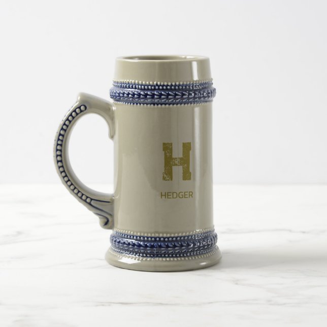 MINIMALIST BRASS ONE LETTER MONOGRAM NAME BROWN BEER STEIN (Left)