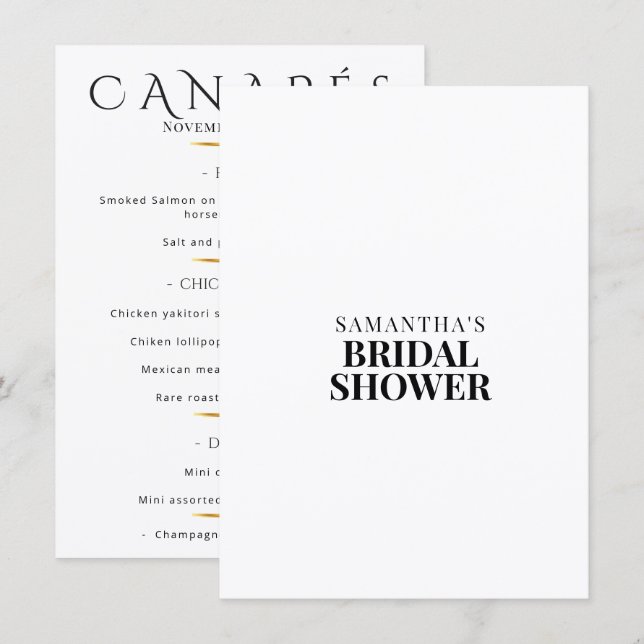 Minimalist Bridal Shower Canapes Black White Menu (Front/Back)