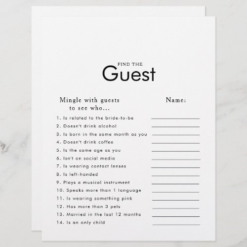 Minimalist Bridal Shower Find the Guest Game