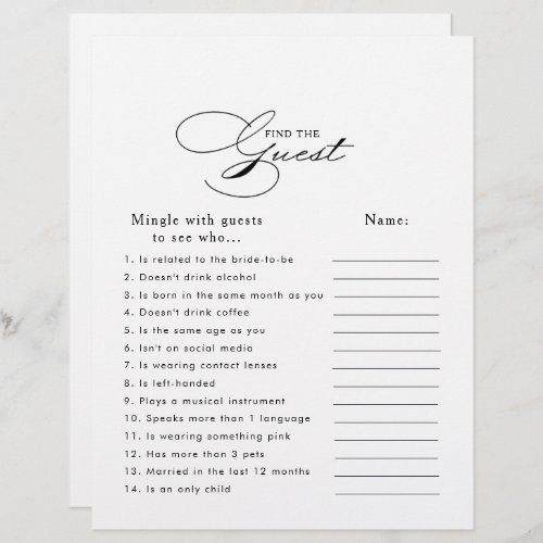 Minimalist Bridal Shower Find the Guest Game