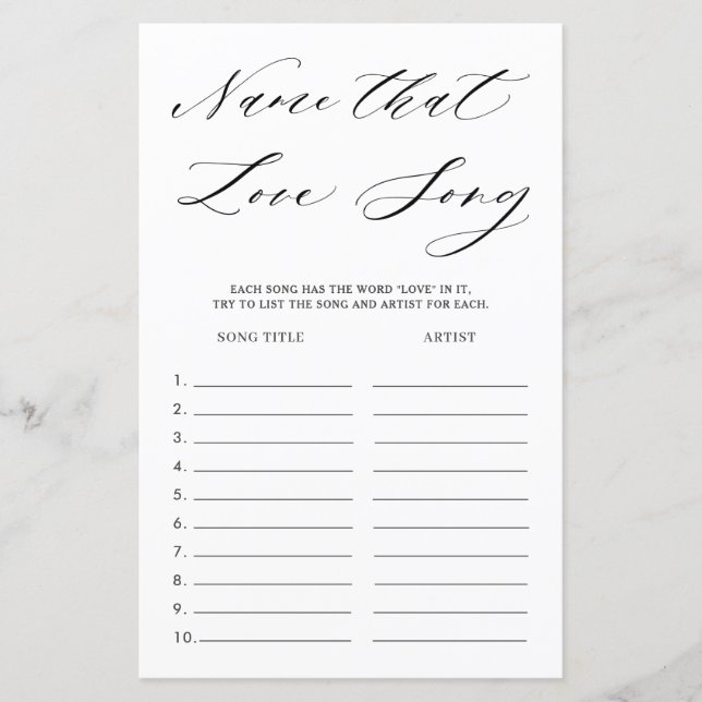 Minimalist Bridal Shower Name That Love Song Game (Front)
