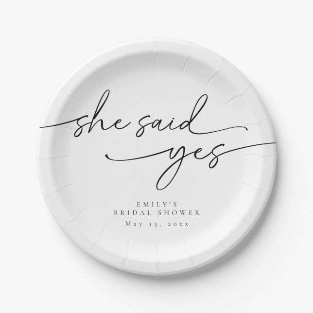 Minimalist Bridal Shower She Said Yes Paper Plates (Front)