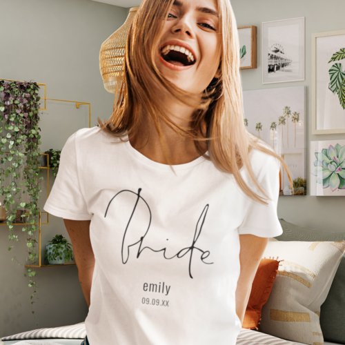 Minimalist Bride Script Name Wedding Date T_Shirt