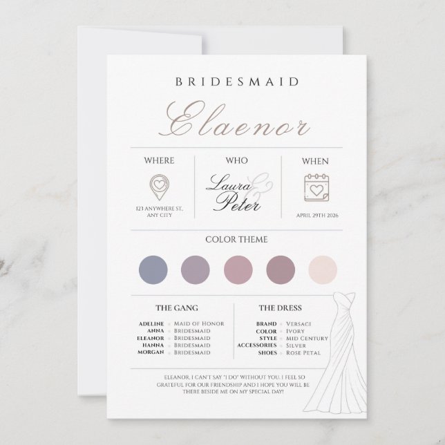 Minimalist Bridesmaid Info Card (Front)