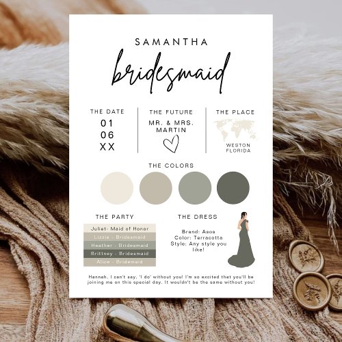Minimalist Bridesmaid Info Color Palette Proposal Invitation