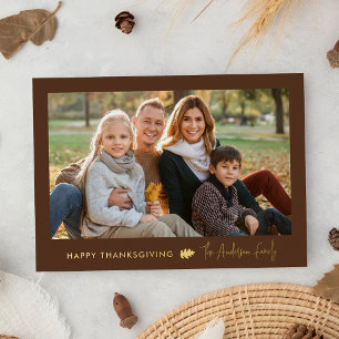 Minimalist Brown and Gold Thanksgiving 2 Photo Foil Holiday Card