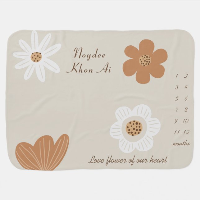 Minimalist Brown Beige Flowers, Milestone Baby Blanket (Horizontal)