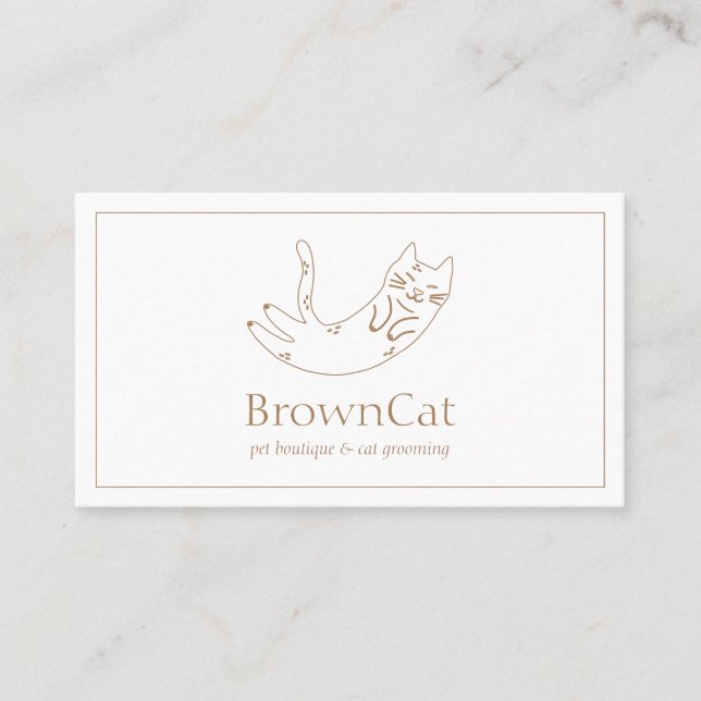 Minimalist Brown Cat Drawing Design for Pet Sitter Business Card (Front)